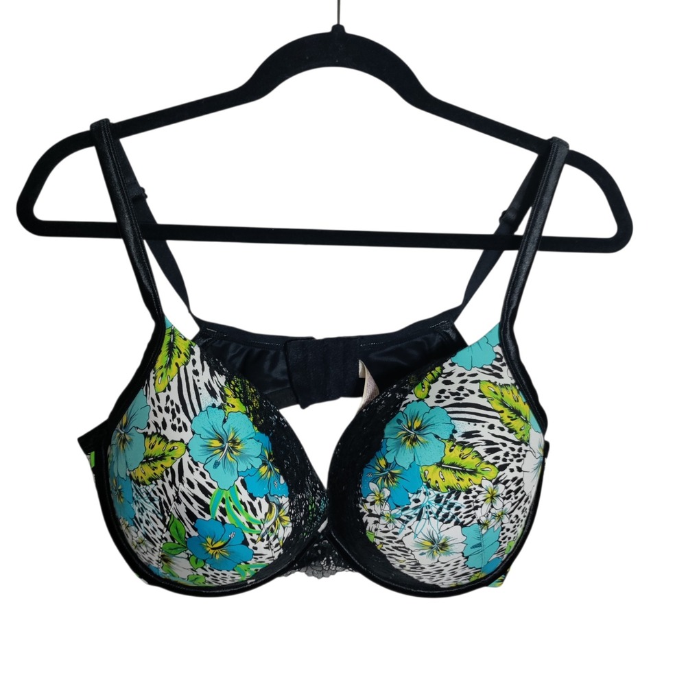 Cacique 40DD Tropical Floral Animal Print Padded Underwire Bra Lace Trim Black‎